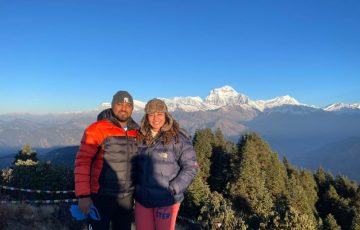 Poon Hill sunrise with panoramic views of Annapurna and Dhaulagiri mountains during the Ghorepani Poon Hill Trek in Nepal.