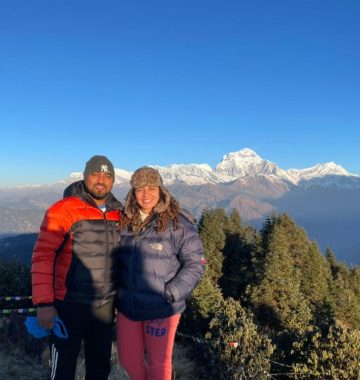 Poon Hill sunrise with panoramic views of Annapurna and Dhaulagiri mountains during the Ghorepani Poon Hill Trek in Nepal.