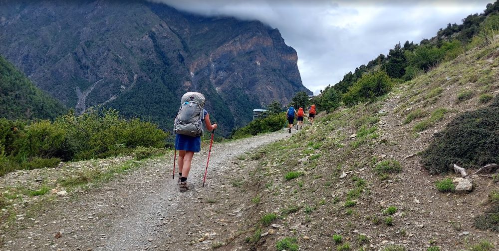 Annapurna Circuit Trek trail near Upper Pisang with trekkers and Himalayan mountain views